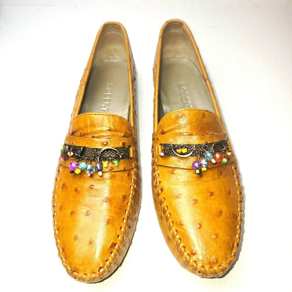 Robert Zur Shoes 7.5 Brown Ostridge Embossed Leather Beaded Loafer Driving Slip